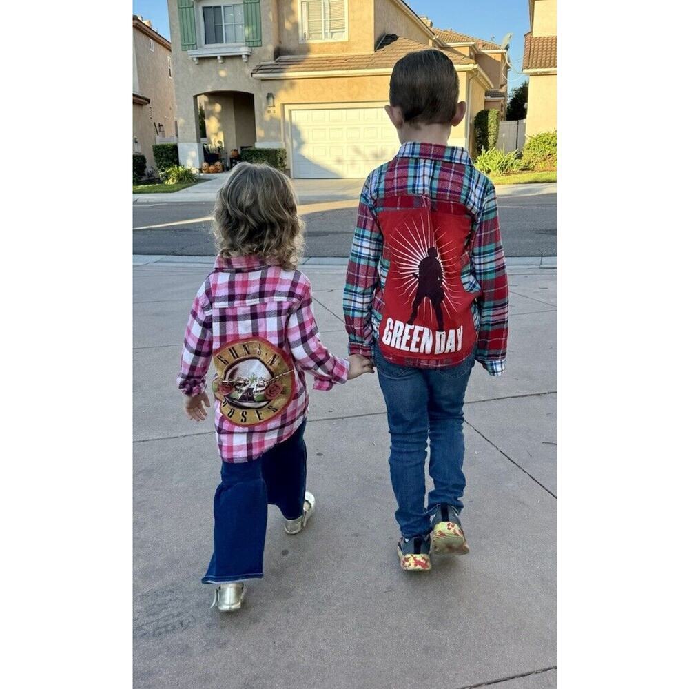 GREEN DAY 90s Punk Rock Retro Vintage Upcycled Plaid Flannel Kids Shirt Sz 7/8 S - Picture 2 of 11